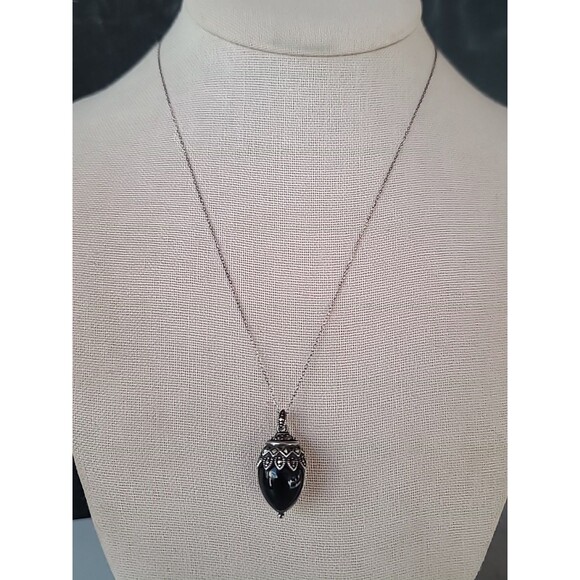 925 Sterling Silver Marcasite Double-Sided MOP & Black Onyx Pendant Necklace - Picture 4 of 10